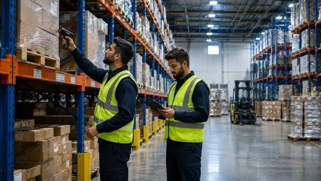 Warehouse workers doing a physical inventory count to detect inventory shrinkage