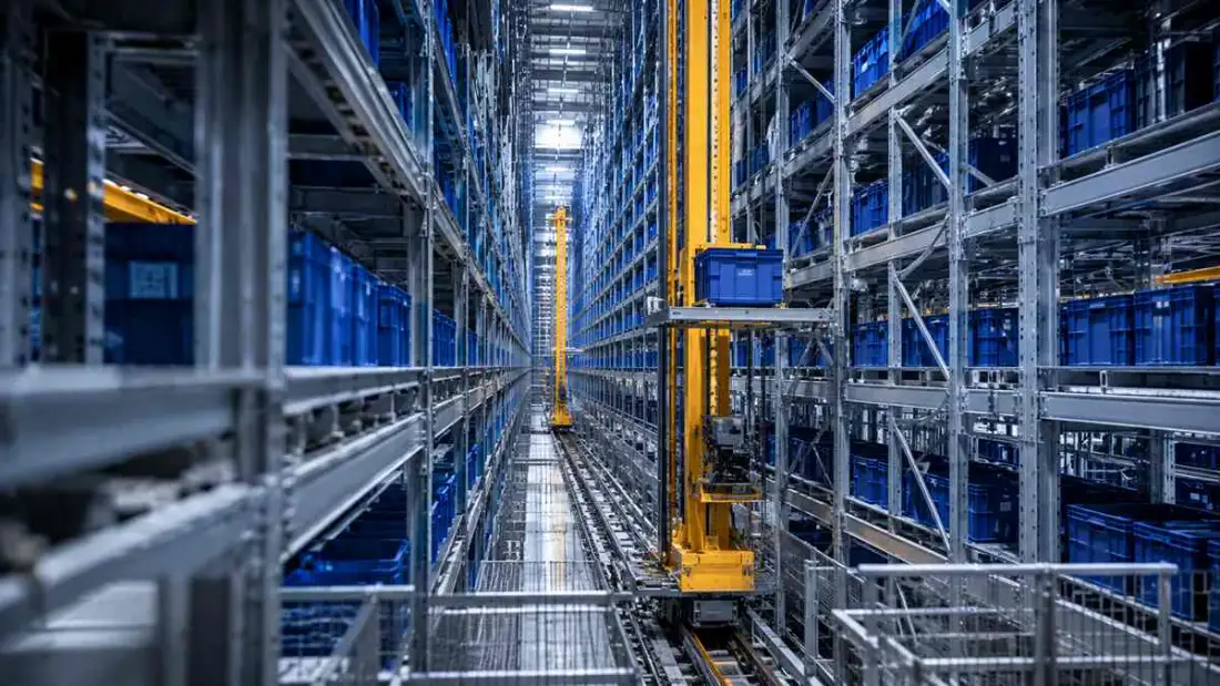 Automated storage and retrieval system (AS/RS) crane retrieving totes from high-density racking
