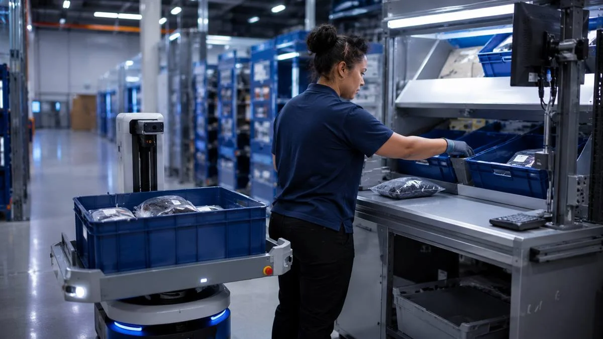Goods-to-person picking station where a robot delivers a bin to a warehouse worker