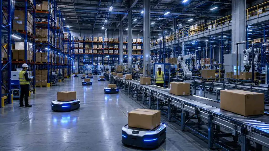 Automated warehouse with autonomous mobile robots, conveyors, and robotic arms moving product