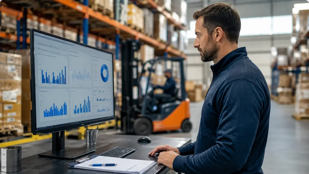 Warehouse operations manager reviewing warehouse KPI charts on a monitor, with racking and a forklift in the background.