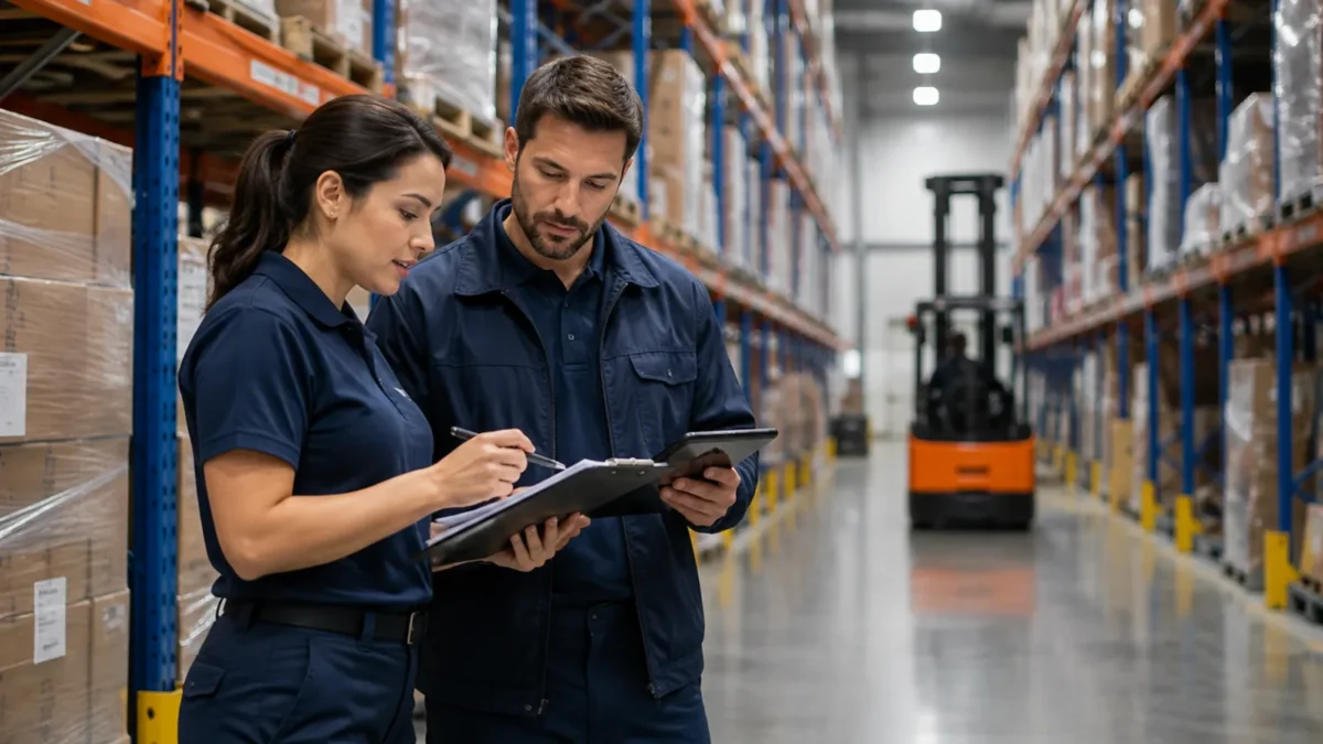 Two logistics professionals in navy uniforms review a contract on a clipboard and tablet in a warehouse aisle, with blue pallet racking, wrapped pallets and a forklift in the background.
