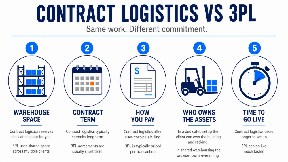 Five-panel comparison of contract logistics and 3PL. Contract logistics reserves dedicated space, commits long term, often uses cost-plus billing, lets the client own the building and racking in a dedicated setup, and takes longer to set up. A 3PL uses shared space, short terms, per-transaction pricing, provider-owned assets, and goes live faster.