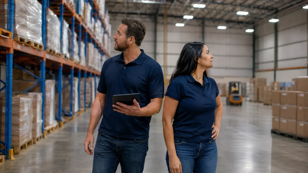 Two supply chain managers in navy polo shirts walk through a warehouse aisle, one holding a tablet, with tall blue and orange pallet racking on one side and open floor space with stacked cartons on the other.