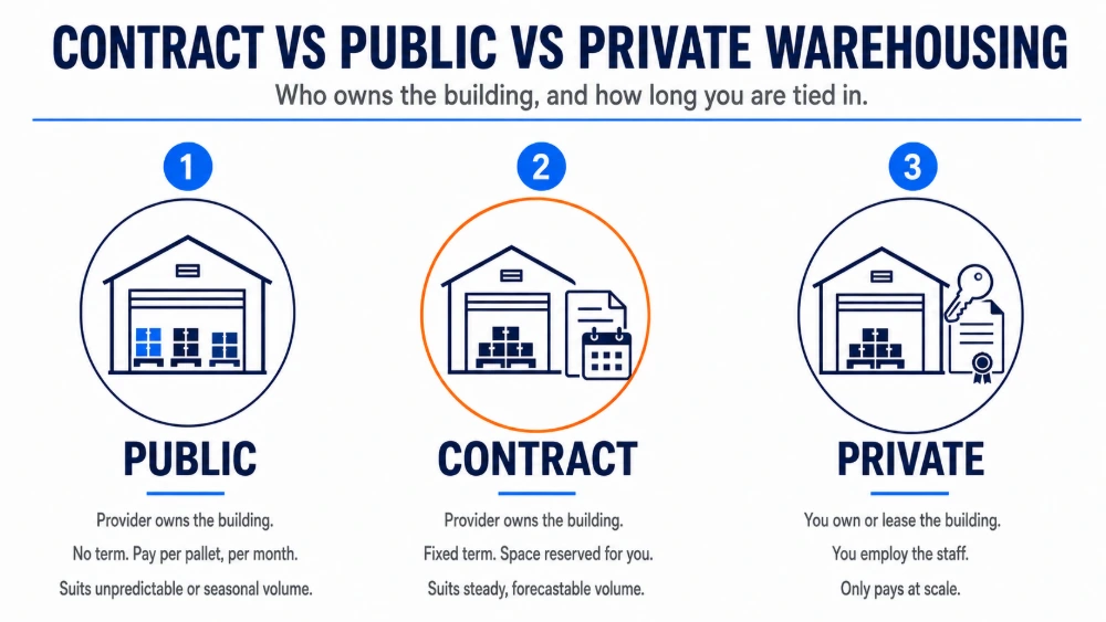 Comparison of three warehousing models. In public warehousing the provider owns the building, there is no term, and you pay per pallet, which suits unpredictable volume. In contract warehousing the provider owns the building but reserves space for you on a fixed term, which suits steady volume. In private warehousing you own or lease the building and employ the staff, which only pays at scale.