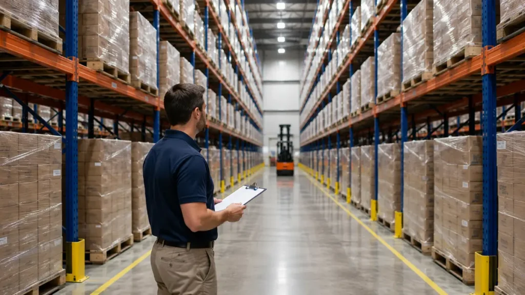 A warehouse operations manager in a navy polo shirt stands at the end of a long aisle of blue pallet racking with orange beams, holding a clipboard, with neatly aligned identical shrink-wrapped pallets reserved for a single client on both sides.