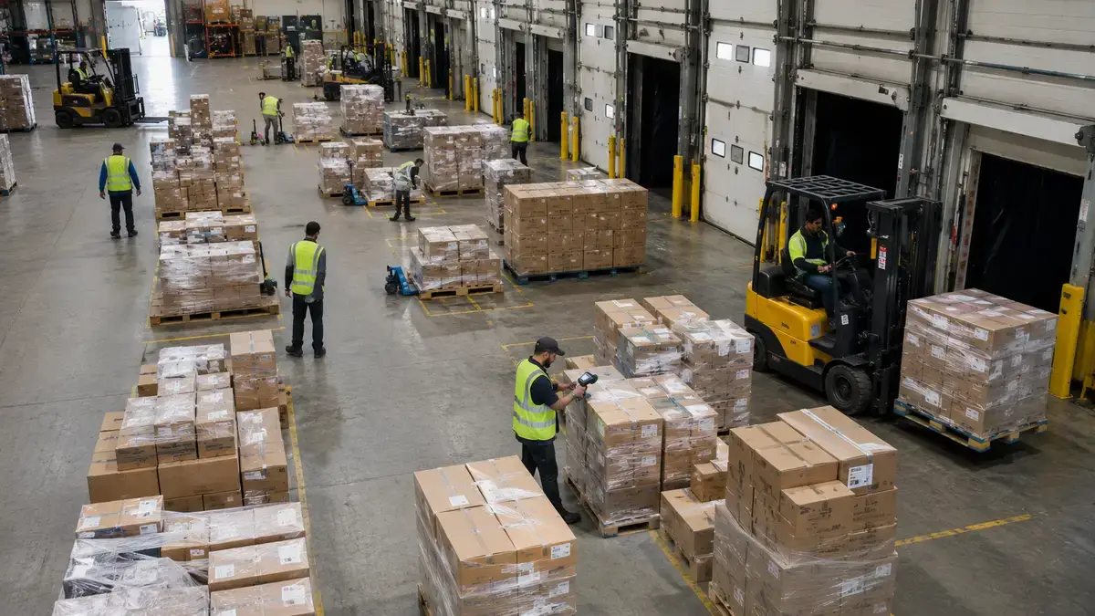 Workers sorting freight into outbound staging lanes at a cross-dock facility