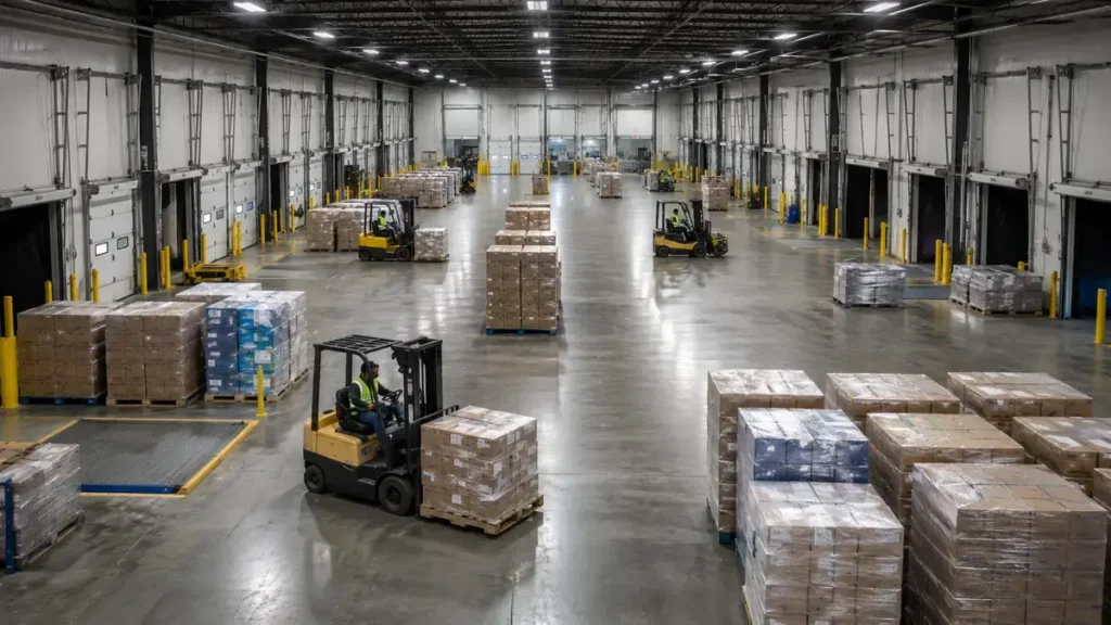 Cross-docking warehouse facility with pallets staged between inbound and outbound dock doors