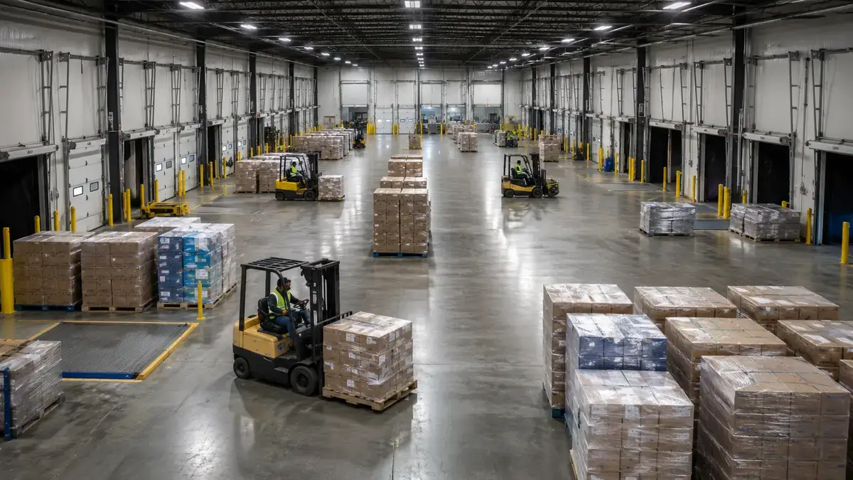 Cross-docking warehouse facility with pallets staged between inbound and outbound dock doors
