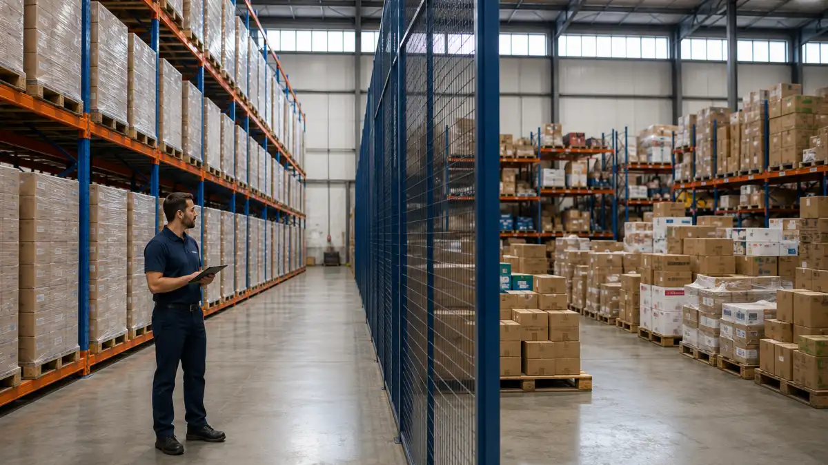 A wire mesh partition divides a warehouse interior. On one side, identical shrink-wrapped pallets sit in neat rows on blue racking with orange beams, reserved for a single client. On the other, mixed cartons from several clients share the space. A supervisor in a navy polo shirt stands beside the partition holding a tablet.