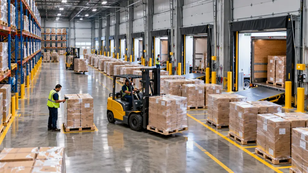 The outbound dock of a distribution center, with trailers backed into six doors, shrink-wrapped pallets staged in marked lanes, a forklift moving a pallet and a worker in a navy polo scanning a label.