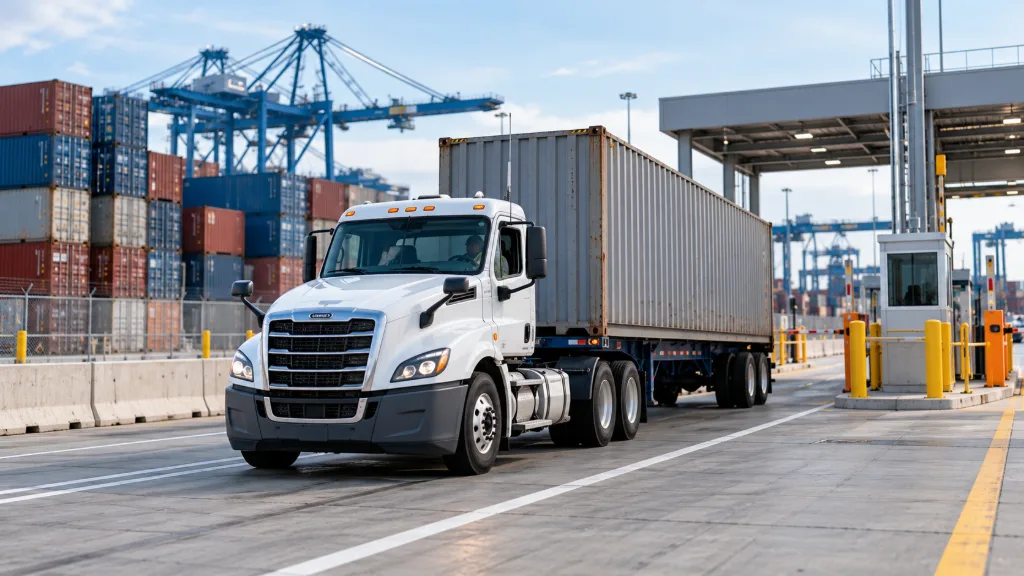 A day-cab truck hauls a sealed 40-foot shipping container on a chassis out of a marine terminal gate, with stacked containers and a gantry crane behind it.