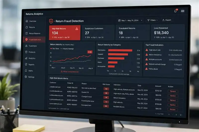 AI-powered ecommerce return fraud detection dashboard flagging suspicious return patterns and high-risk accounts