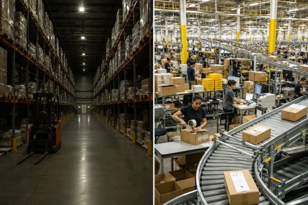 Fulfillment center vs Warehouse comparison showing quiet pallet storage on the left and busy order packing conveyor operations on the right