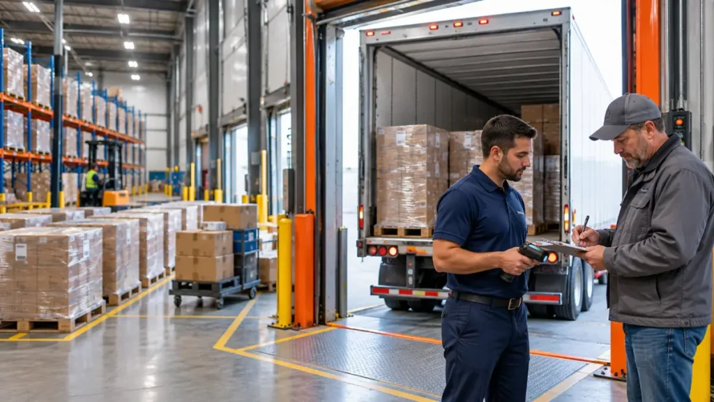 Truck driver signing a bill of lading beside a dock worker at a half-loaded trailer
