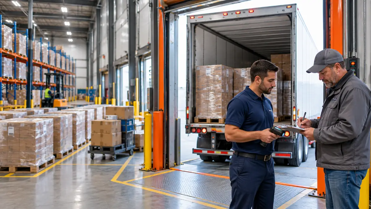 Truck driver signing a bill of lading beside a dock worker at a half-loaded trailer