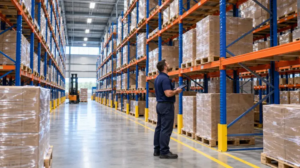 A warehouse worker in a navy polo checks a tablet beside tall blue pallet racking with orange beams, holding shrink-wrapped pallets of cartons several levels high, with some pallet positions empty.
