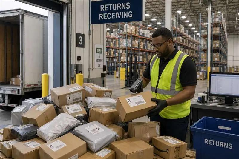 Reverse logistics flow showing returned ecommerce packages moving from customer doorstep back through 3PL warehouse inspection and restocking
