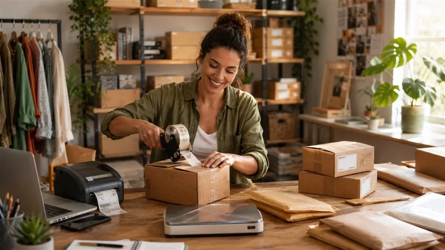Small business owner packing orders at a shipping station with scale, labels, and mailers