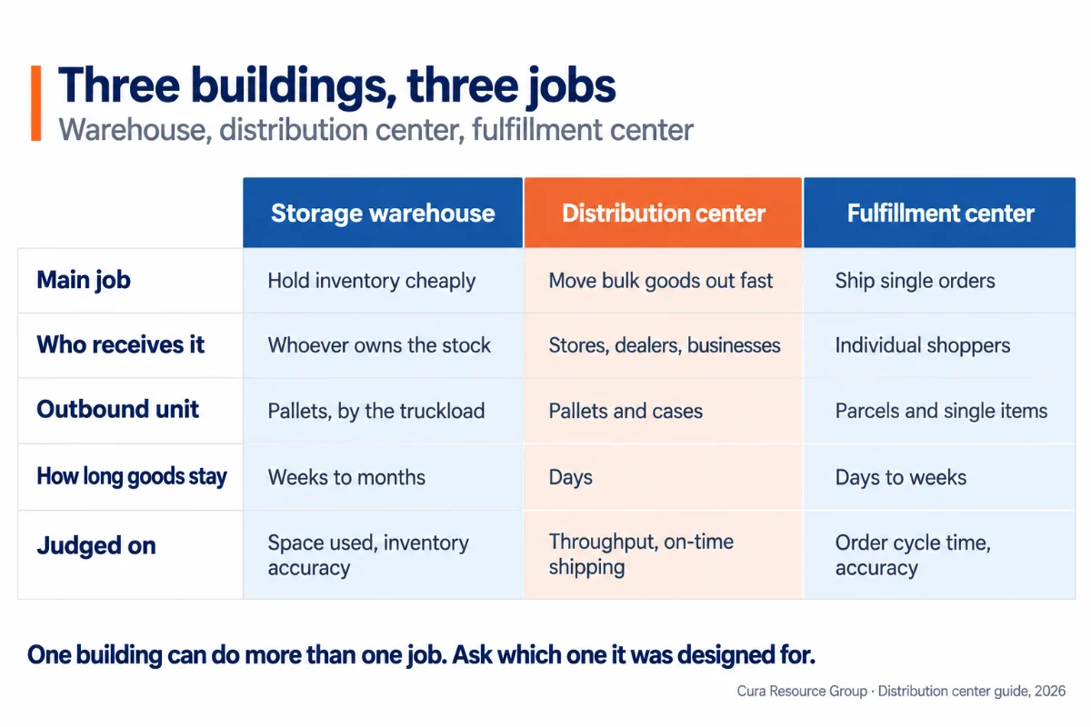 Comparison chart of three buildings: a storage warehouse holds inventory cheaply, a distribution center moves pallets and cases out fast to stores and businesses, and a fulfillment center ships single parcels to shoppers, each judged on different measures.