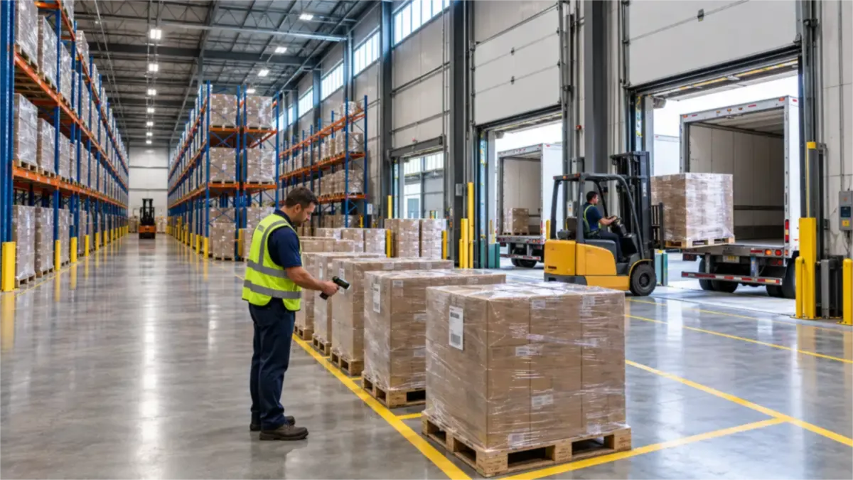 A distribution warehouse with blue pallet racking and orange beams on one side and an outbound dock on the other, where a forklift loads a wrapped pallet into a trailer and a worker in a navy polo scans a label in the staging lane.
