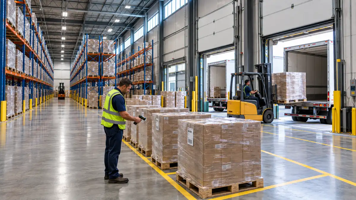 A distribution warehouse with blue pallet racking and orange beams on one side and an outbound dock on the other, where a forklift loads a wrapped pallet into a trailer and a worker in a navy polo scans a label in the staging lane.