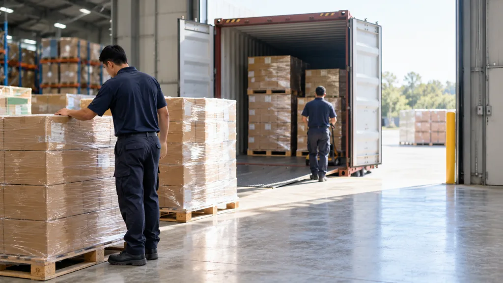 Warehouse workers unloading shrink-wrapped pallets of cartons from a shipping container at a dock door, goods held before customs clearance
