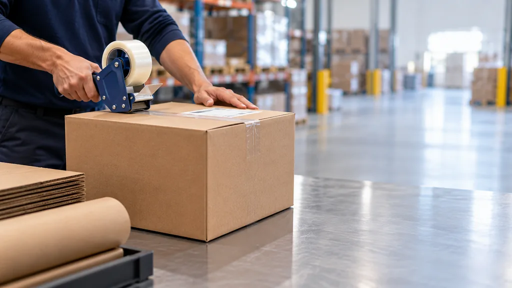 Warehouse worker sealing a plain unbranded corrugated box with clear tape at a packing bench