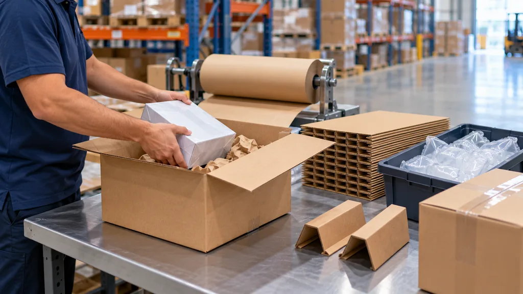 Warehouse packer placing a product into a corrugated box cushioned with kraft paper, beside corrugated inserts, air pillows and corner protectors