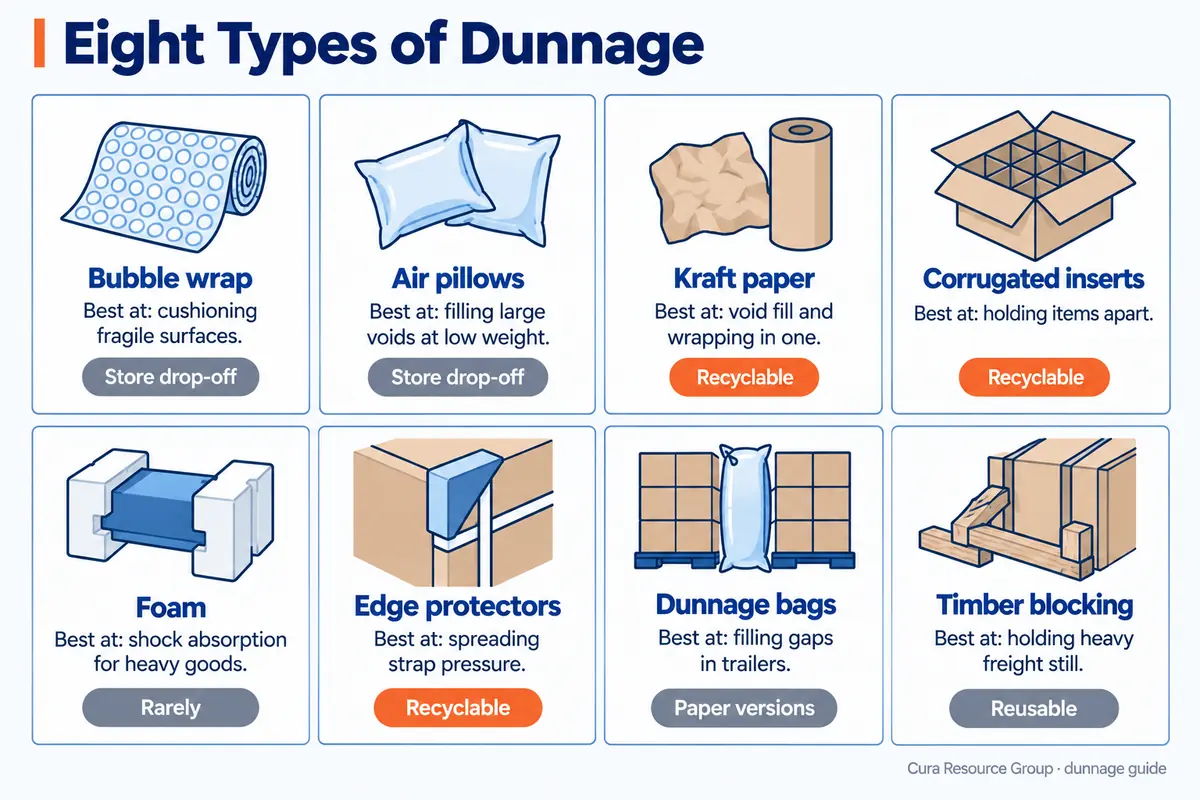 Eight dunnage materials compared, each with what it protects best and how recyclable it is