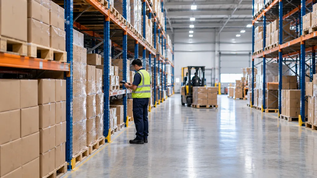 Warehouse worker in a high-visibility vest checking stock levels with a handheld barcode scanner in an aisle of pallet racking filled with cartons