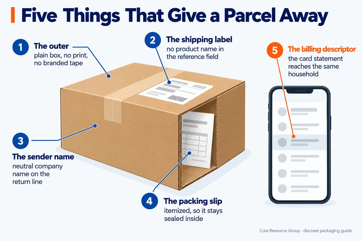 The five things that reveal what is in a parcel: the outer box, the shipping label, the sender name, the packing slip and the billing descriptor