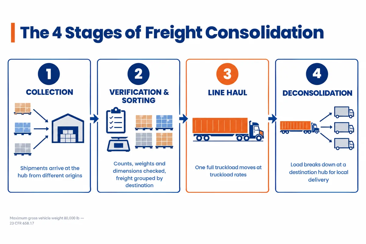 Diagram of the four stages of freight consolidation: collection at a hub, verification and sorting, line haul as one full truckload, and deconsolidation for local delivery