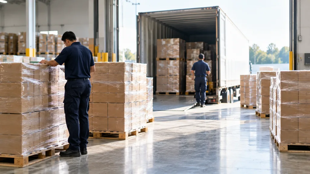 Warehouse workers loading separately staged pallets of cartons into a single trailer at a consolidation hub dock door