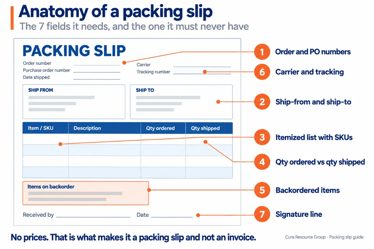 Annotated packing slip showing its 7 fields: order and purchase order numbers, ship-from and ship-to addresses, an itemized list with SKUs, quantity ordered against quantity shipped, backordered items, carrier and tracking, and a signature line, with a note that no prices appear.