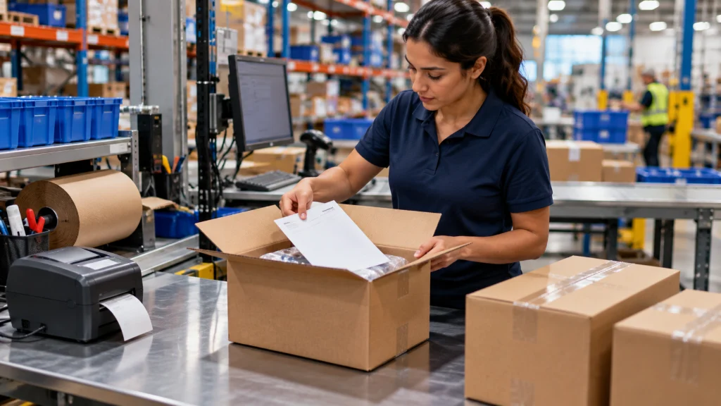 A warehouse worker in a navy polo places a printed packing slip on top of the goods in an open shipping box at a packing bench, beside a label printer and tape dispenser.