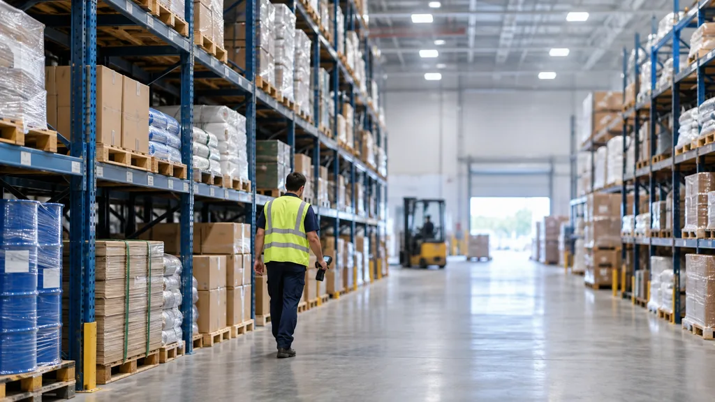 Warehouse worker with a scanner walking a racking aisle holding pallets of different goods for several customers