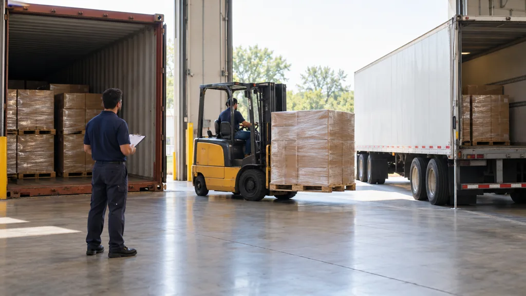 A forklift carrying a shrink-wrapped pallet from an open ocean container into a domestic semitrailer at a transload dock