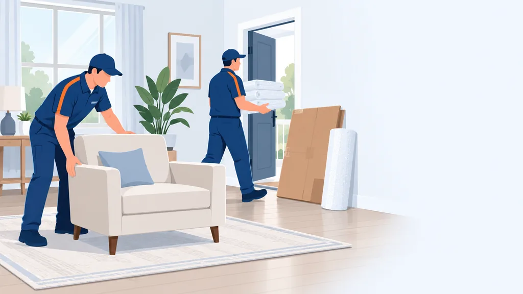Two-person white glove delivery crew placing an armchair in a living room while packaging is carried out